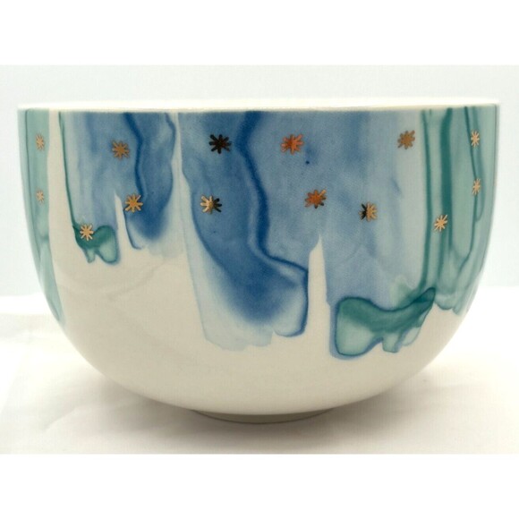 Anthropologie Night Sky Bowl Stoneware Blue Teal Drip Watercolor Wash Gold Star - Picture 2 of 15